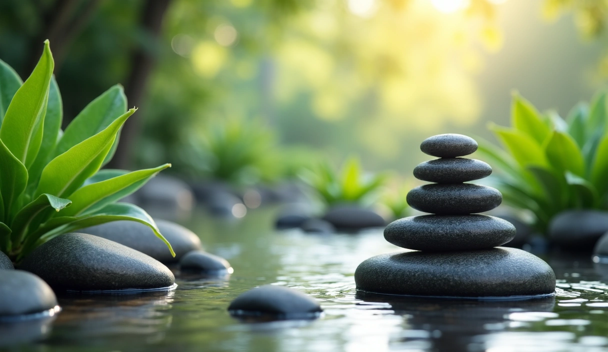 A serene image depicting wellness and balance with natural elements like water, smooth stones, and soft lighting.
