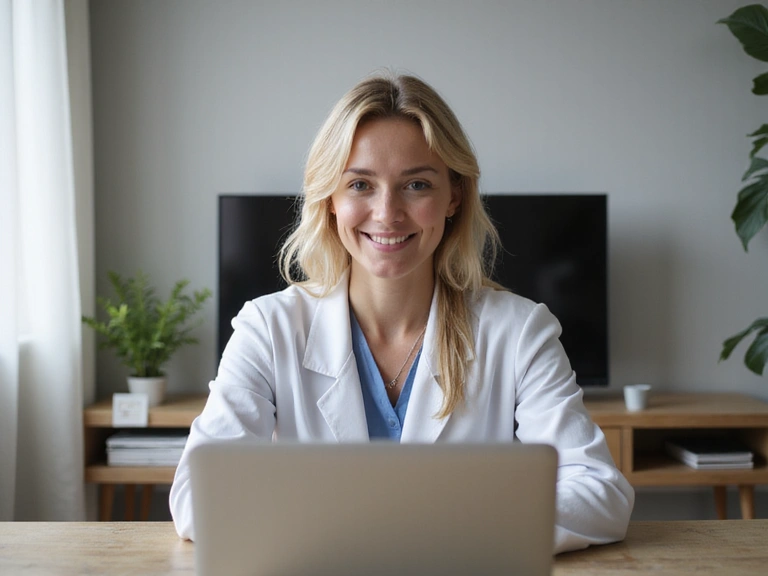 A person engaged in a video call about health, looking attentive and positive, in a clean and modern home office setting, symbolizing remote consultation.