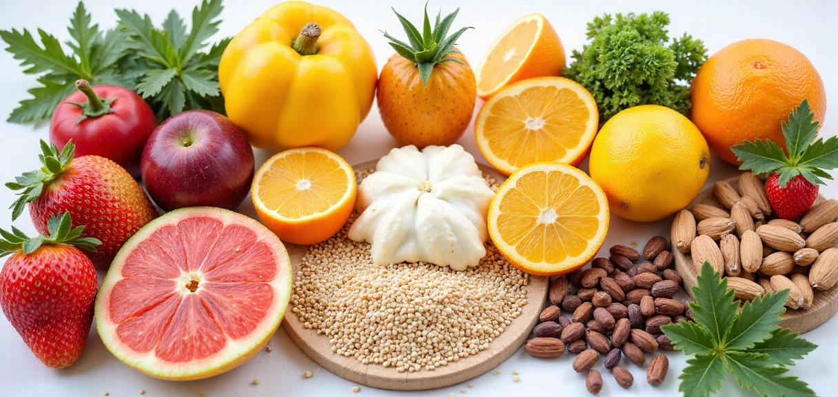 A vibrant and aesthetically arranged collection of healthy food items like fresh fruits, vegetables, nuts, and whole grains, symbolizing nutrition and well-being.